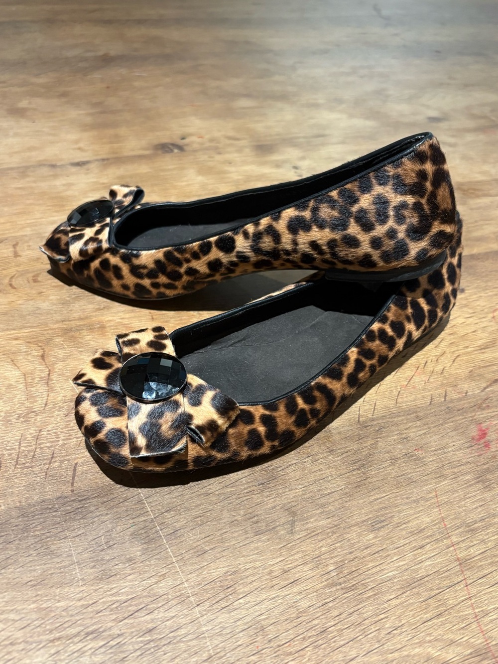 Stuart Weitzman Leopard Print Flats with Black Gem Bow